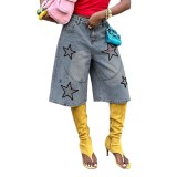 Street Style Star Embroidered Washed Cropped Denim Pants