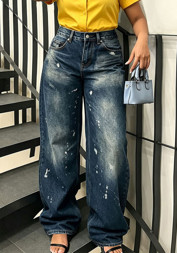 Fashion Washed Paint Splatter Denim Pants