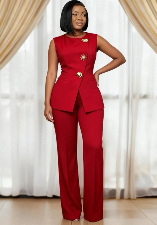 Women's Autumn Casual Solid Round Neck Vest Top & Wide Leg Pants Set