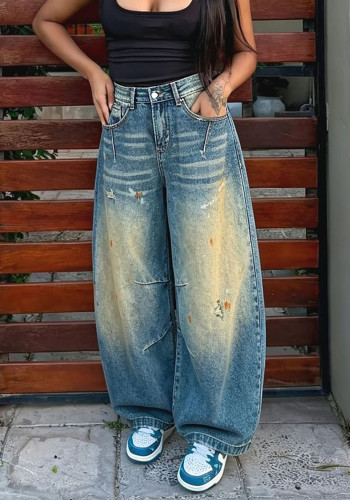 Street Style Gradient Washed Paint Splatter Denim Pants