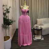 Summer Women's Chic Elegant Ruched High Waist Strap Maxi Dress