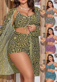 Plus Size Women's Plaid Print Long Sleeve Mesh Sun Protection Three-Piece Bikini Set