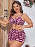 Plus Size Women's Plaid Print Long Sleeve Mesh Sun Protection Three-Piece Bikini Set