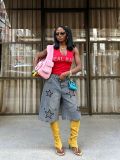Street Style Star Embroidered Washed Cropped Denim Pants