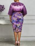 Summer Plus Size Women's Printed Round Neck Bat Sleeve Top & Midi Skirt Two-Piece Set