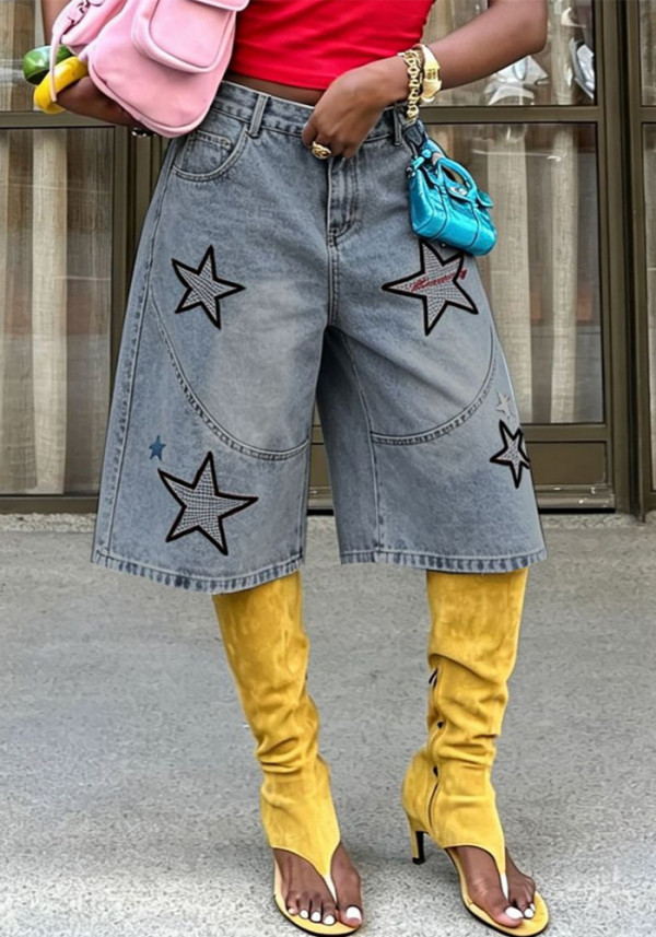 Street Style Star Embroidered Washed Cropped Denim Pants