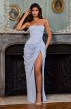 Women's Sexy Strapless Asymmetrical Ruched High Slit Dress