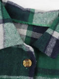 Women's Autumn & Winter Street Green Plaid Turndown Collar Long Shirt Trench Coat