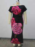 Plus Size Women's Rose Print Off Shoulder Short Sleeve Bodycon Party Dress