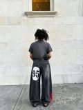 Badge Print Wide Leg Denim Pants