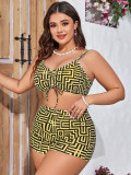 Plus Size Women's Plaid Print Long Sleeve Mesh Sun Protection Three-Piece Bikini Set