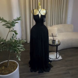 Summer Women's Chic Elegant Ruched High Waist Strap Maxi Dress
