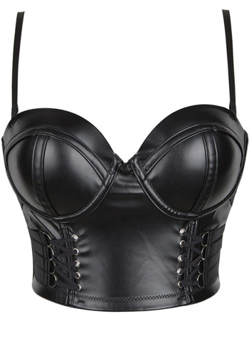 Women's Black Faux Leather Strap Back Hook Crop Corset Cami Top