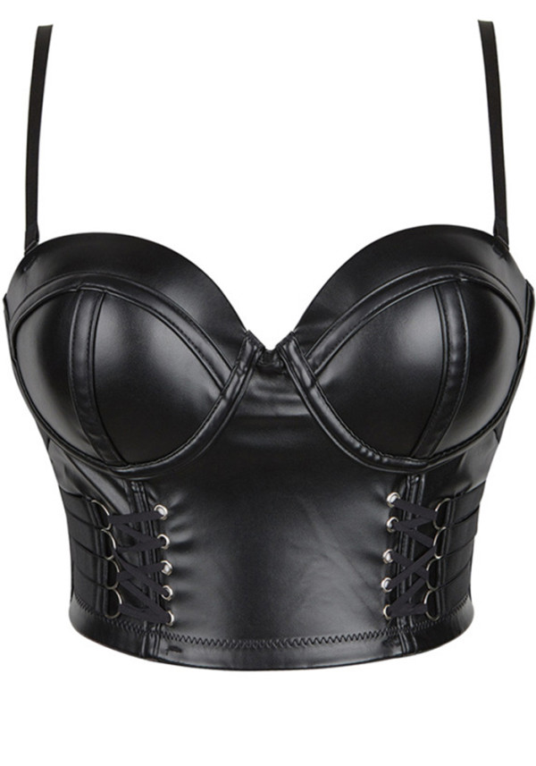 Women's Black Faux Leather Strap Back Hook Crop Corset Cami Top