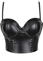 Women's Black Faux Leather Strap Back Hook Crop Corset Cami Top Women's Black Faux Leather Strap Back Hook Crop Corset Cami Top