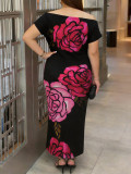 Plus Size Women's Rose Print Off Shoulder Short Sleeve Bodycon Party Dress