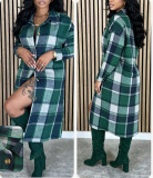 Women's Autumn & Winter Street Green Plaid Turndown Collar Long Shirt Trench Coat