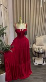 Summer Women's Chic Elegant Ruched High Waist Strap Maxi Dress