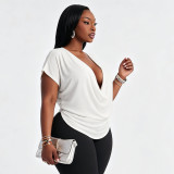 Summer Women's Fashion Career Deep V Cowl Neck Short Sleeve T-Shirt