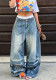 Street Style Drawstring Ruched Letter Embroidered Denim Pants
