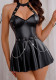 Women's Sexy Halter Neck Low Back Chain Faux Leather Mini Dress Role Play Costume