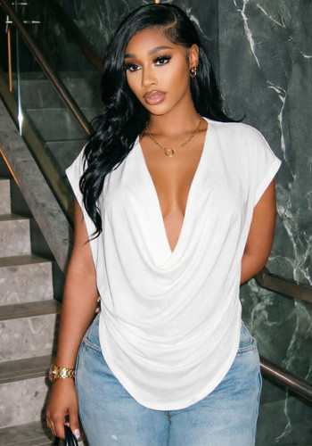 Summer Women's Fashion Career Deep V Cowl Neck Short Sleeve T-Shirt