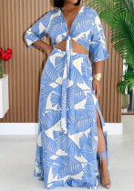 Summer Women's Bohemian Casual Holidays Lace-Up Short Sleeve Top & Elastic Waist Slit Maxi Skirt Set