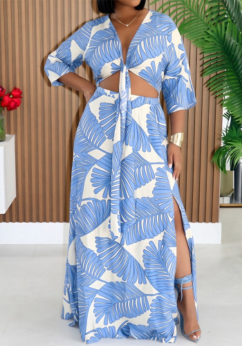 Summer Women's Bohemian Casual Holidays Lace-Up Short Sleeve Top & Elastic Waist Slit Maxi Skirt Set