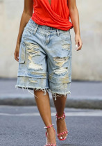 Street Style Ripped Double Waistband Wash Denim Shorts Street Style Ripped Double Waistband Wash Denim Shorts
