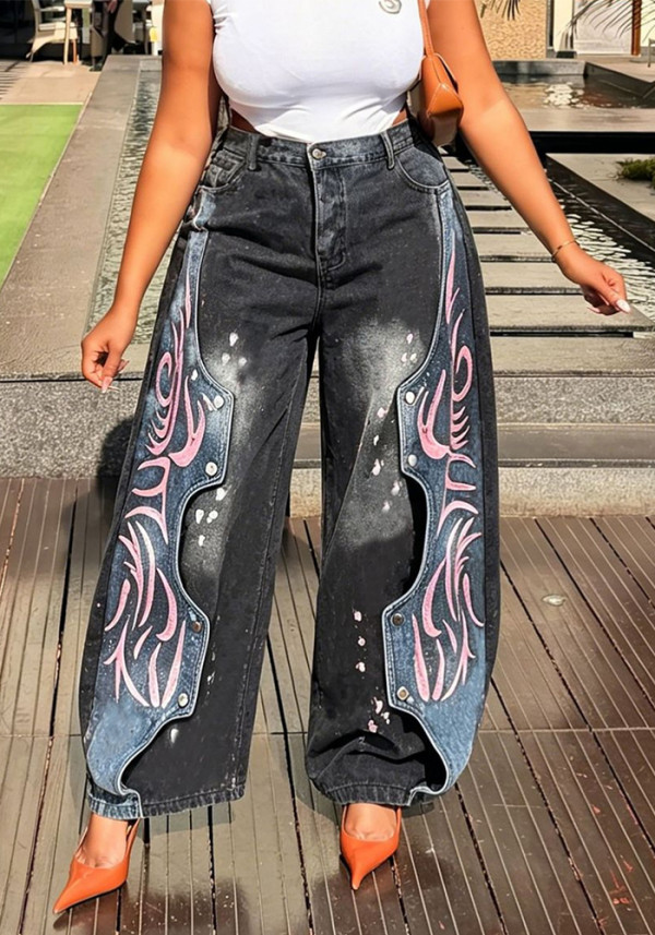 Asymmetrical Patchwork Paint Splatter Denim Pants