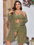 Plus Size Women's Plaid Print Long Sleeve Mesh Sun Protection Three-Piece Bikini Set