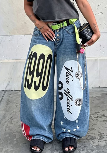 Badge Print Wide Leg Denim Pants