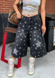 Street Style Star Applique Embroidered Cropped Denim Pants