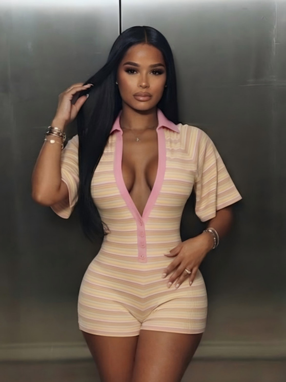 Ribbed Deep V-Neck Romper for Clubwear