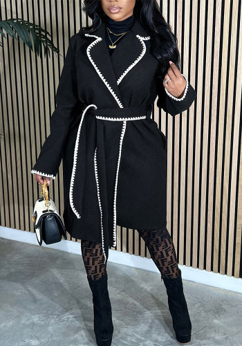Women's Autumn & Winter Career Elegant Colorblock Contrast Trim Tie Waist Slim Fit Long Coat