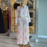 Women's Autumn Sweet Print Turndown Collar Long Sleeve Shirt & High Waist Pleated Straight Leg Pants Two-Piece Set