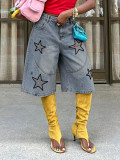 Street Style Star Embroidered Washed Cropped Denim Pants
