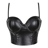 Women's Black Faux Leather Strap Back Hook Crop Corset Cami Top