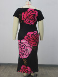 Plus Size Women's Rose Print Off Shoulder Short Sleeve Bodycon Party Dress