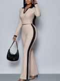 Women's Street Contrast Trim Turndown Collar Long Sleeve Slim Fit High Waist Flared Pants Two-Piece Set