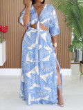 Summer Women's Bohemian Casual Holidays Lace-Up Short Sleeve Top & Elastic Waist Slit Maxi Skirt Set