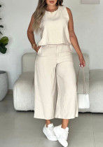 Summer Women's Casual Solid Sleeveless Side Button Top & Zip Wide Leg Cropped Pants Set