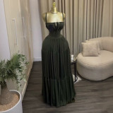 Summer Women's Chic Elegant Ruched High Waist Strap Maxi Dress