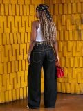 Street Style Leopard Print Patchwork Double Waistband Lace-Up Denim Pants