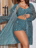 Plus Size Women's Plaid Print Long Sleeve Mesh Sun Protection Three-Piece Bikini Set