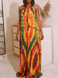 Women's Bohemian Holidays Print Halter Neck Low Back Short Sleeve Loose Dress