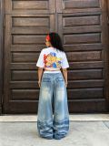 Street Style Drawstring Ruched Letter Embroidered Denim Pants