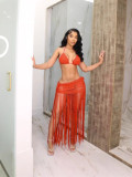 Women's Sweet Crochet Cutout Bikini Cover-Up Fringe Beach Skirt Set