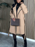 Women's Autumn & Winter Career Elegant Colorblock Contrast Trim Tie Waist Slim Fit Long Coat