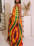 Women's Bohemian Holidays Print Halter Neck Low Back Short Sleeve Loose Dress